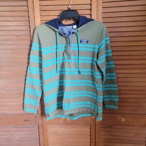 L.L. Bean Olive and Teal Striped Pullover Cotton Hoodie